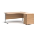 Maestro 25 right hand ergonomic desk 1600mm with silver cantilever frame and desk high pedestal - beech