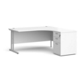 Maestro 25 right hand ergonomic desk 1600mm with silver cantilever frame and desk high pedestal - white