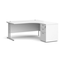 Maestro 25 right hand ergonomic desk 1600mm with silver cantilever frame and desk high pedestal - white