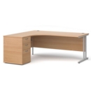 Maestro 25 left hand ergonomic desk 1800mm with silver cantilever frame and desk high pedestal - beech