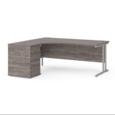 Maestro 25 left hand ergonomic desk 1800mm with silver cantilever frame and desk high pedestal - grey oak