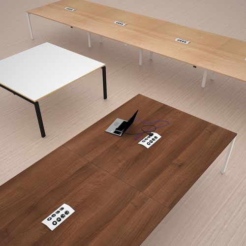 Adapt rectangular boardroom table 3200mm x 1600mm with 2 cutouts 272mm x 132mm - silver frame and white top