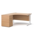 Maestro 25 left hand ergonomic desk 1400mm with white cantilever frame and desk high pedestal - beech
