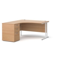 Maestro 25 left hand ergonomic desk 1400mm with white cantilever frame and desk high pedestal - beech
