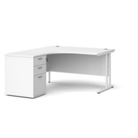 Maestro 25 left hand ergonomic desk 1400mm with white cantilever frame and desk high pedestal - white