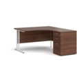 Maestro 25 right hand ergonomic desk 1400mm with white cantilever frame and desk high pedestal - walnut