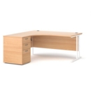 Maestro 25 left hand ergonomic desk 1600mm with white cantilever frame and desk high pedestal - beech