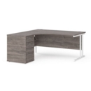 Maestro 25 left hand ergonomic desk 1600mm with white cantilever frame and desk high pedestal - grey oak