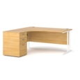 Maestro 25 left hand ergonomic desk 1600mm with white cantilever frame and desk high pedestal - oak