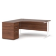 Maestro 25 left hand ergonomic desk 1600mm with white cantilever frame and desk high pedestal - walnut