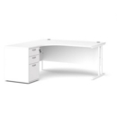 Maestro 25 left hand ergonomic desk 1600mm with white cantilever frame and desk high pedestal - white