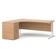 Maestro 25 left hand ergonomic desk 1800mm with white cantilever frame and desk high pedestal - beech