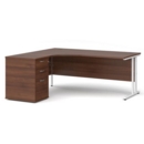 Maestro 25 left hand ergonomic desk 1800mm with white cantilever frame and desk high pedestal - walnut