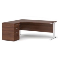 Maestro 25 left hand ergonomic desk 1800mm with white cantilever frame and desk high pedestal - walnut