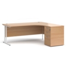 Maestro 25 right hand ergonomic desk 1800mm with white cantilever frame and desk high pedestal - beech