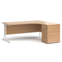 Maestro 25 right hand ergonomic desk 1800mm with white cantilever frame and desk high pedestal - beech