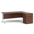 Maestro 25 right hand ergonomic desk 1800mm with white cantilever frame and desk high pedestal - walnut