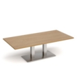 Eros rectangular coffee table with flat brushed steel rectangular base and twin uprights 1600mm x 800mm - oak