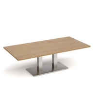 Eros rectangular coffee table with flat brushed steel rectangular base and twin uprights 1600mm x 800mm - oak