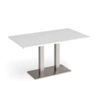 Eros rectangular dining table with flat brushed steel rectangular base and twin uprights 1400mm x 800mm - white