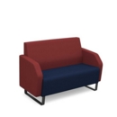 Encore low back 2 seater sofa 1200mm wide with black sled frame - maturity blue seat with extent red back