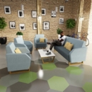 Encore low back 2 seater sofa 1200mm wide with wooden sled frame - elapse grey seat with range blue back