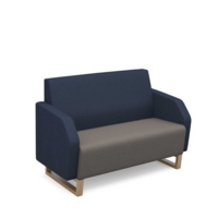 Encore low back 2 seater sofa 1200mm wide with wooden sled frame - forecast grey seat with range blue back