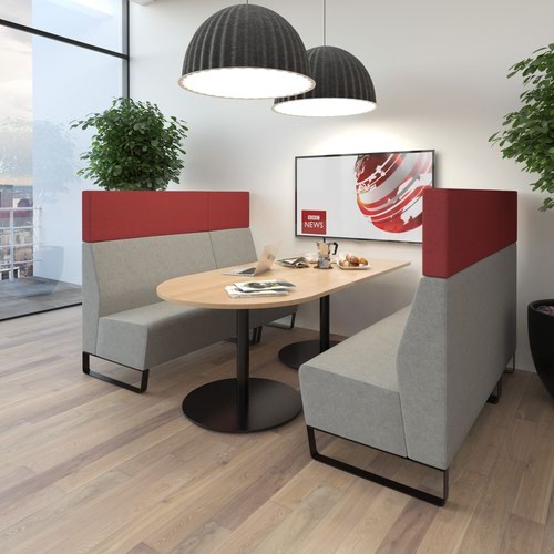 Encore modular single seater concave high back sofa with no arms and wooden sled frame - forecast grey seat with extent red back