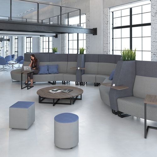 Encore modular single seater concave high back sofa with no arms and wooden sled frame - forecast grey seat with extent red back