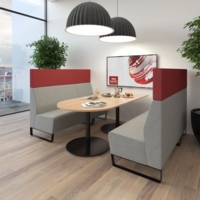 Encore modular single seater high back sofa with no arms and black sled frame - forecast grey seat with late grey back