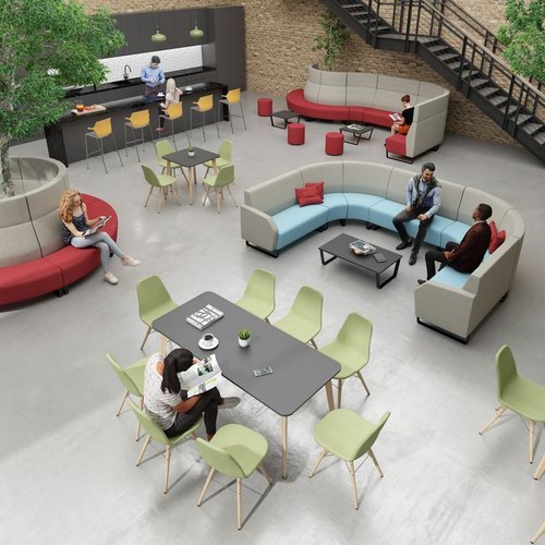 Encore modular single seater concave low back sofa with no arms and wooden sled frame - forecast grey seat with extent red back