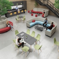 Encore modular single seater low back sofa with no arms and black sled frame - maturity blue seat with extent red back