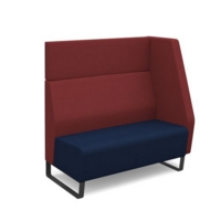 Encore modular double seater high back sofa with left hand arm and black sled frame - maturity blue seat with extent red back and arm