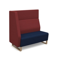 Encore modular double seater high back sofa with right hand arm and wooden sled frame - maturity blue seat with extent red back and arm