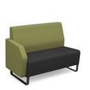 Encore modular double seater low back sofa with right hand arm and black sled frame - elapse grey seat with endurance green back and arm