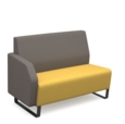 Encore modular double seater low back sofa with right hand arm and black sled frame - lifetime yellow seat with forecast grey back and arm
