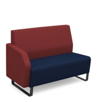 Encore modular double seater low back sofa with right hand arm and black sled frame - maturity blue seat with extent red back and arm