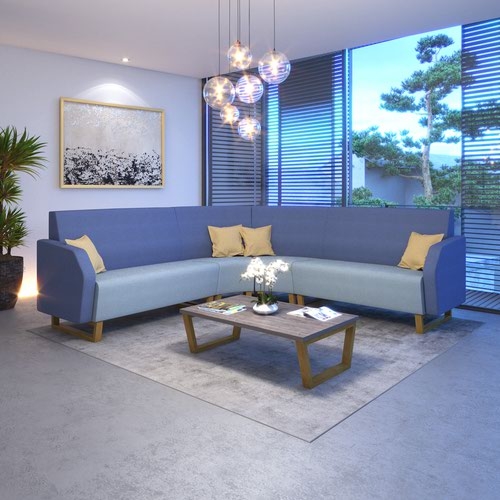 Encore modular double seater low back sofa with right hand arm and wooden sled frame - forecast grey seat with range blue back and arm
