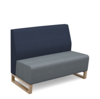 Encore modular double seater low back sofa with no arms and wooden sled frame - late grey seat with range blue back