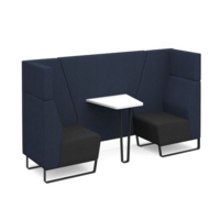 Encore open high back 2 person meeting booth with table and black sled frame - elapse grey seats with range blue backs and infill panel