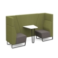 Encore open high back 2 person meeting booth with table and black sled frame - forecast grey seats with endurance green backs and infill panel