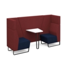 Encore open high back 2 person meeting booth with table and black sled frame - maturity blue seats with extent red backs and infill panel