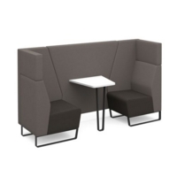 Encore open high back 2 person meeting booth with table and black sled frame - present grey seats with forecast grey backs and infill panel