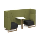 Encore open high back 2 person meeting booth with table and wooden sled frame - elapse grey seats with endurance green backs and infill panel