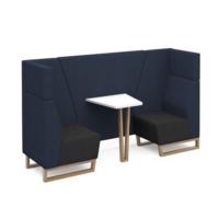 Encore open high back 2 person meeting booth with table and wooden sled frame - elapse grey seats with range blue backs and infill panel