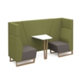 Encore open high back 2 person meeting booth with table and wooden sled frame - forecast grey seats with endurance green backs and infill panel
