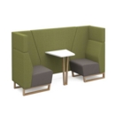 Encore open high back 2 person meeting booth with table and wooden sled frame - forecast grey seats with endurance green backs and infill panel
