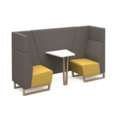 Encore open high back 2 person meeting booth with table and wooden sled frame - lifetime yellow seats with forecast grey backs and infill panel