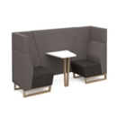 Encore open high back 2 person meeting booth with table and wooden sled frame - present grey seats with forecast grey backs and infill panel