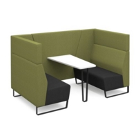 Encore open high back 4 person meeting booth with table and black sled frame - elapse grey seats with endurance green backs and infill panel